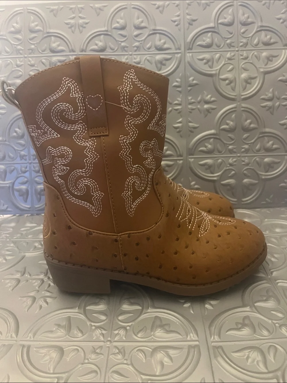 PAWZ Kids Tan Western Boots with White Embroidery